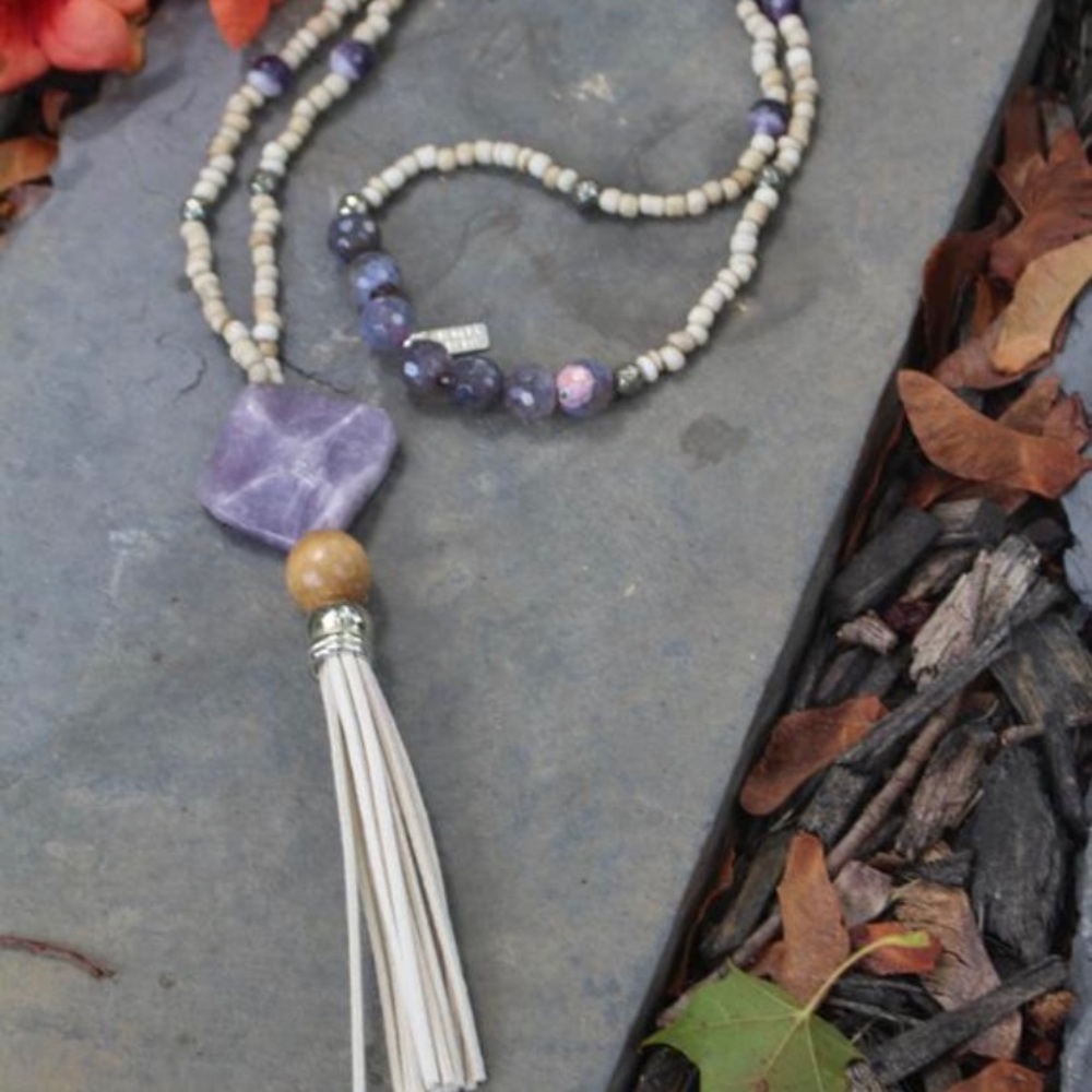 Beaded Leather Tassel Necklace w/Amethyst & Pyrite